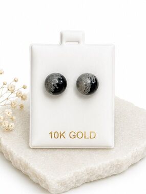 10K Gold Snowflake Obsidian Ball Stud Earrings NWT